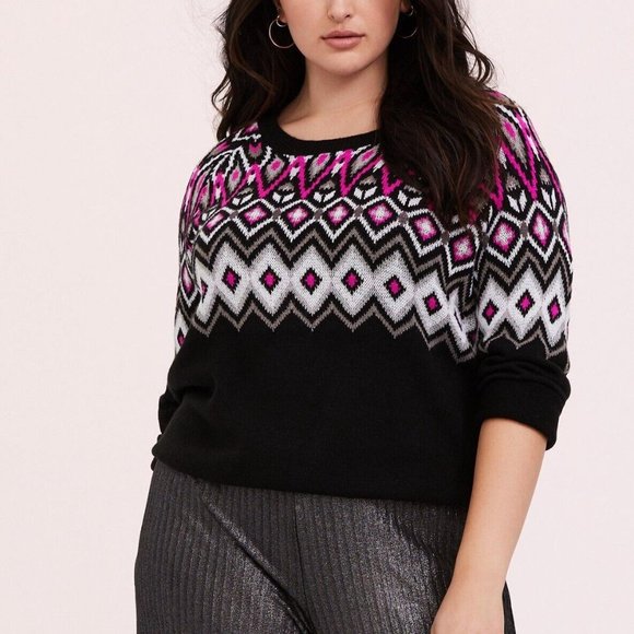 torrid Sweaters - TORRID Sweater Black & Hot Pink Fair Isle Sweater Long sleeves Crew Neck Size 3X